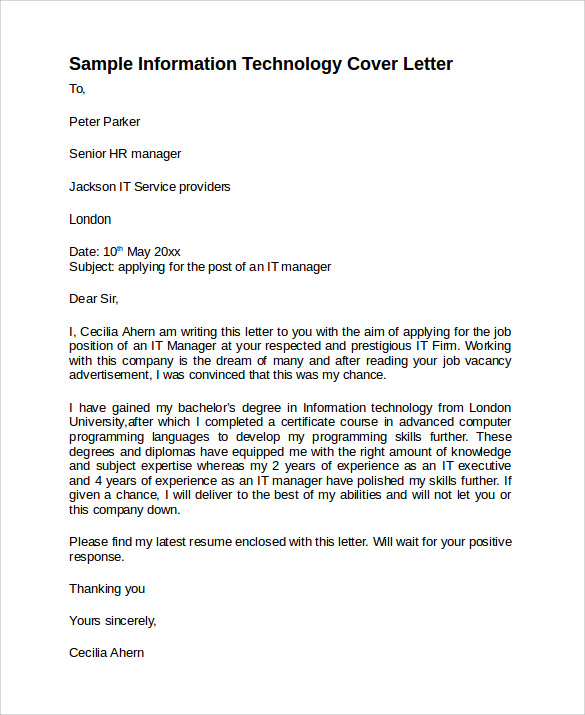 sample information technology cover letter template 8