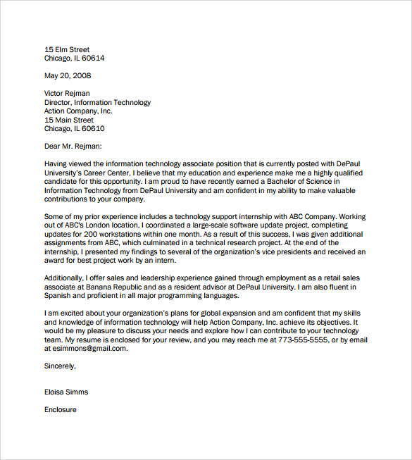 example of application letter for information technology