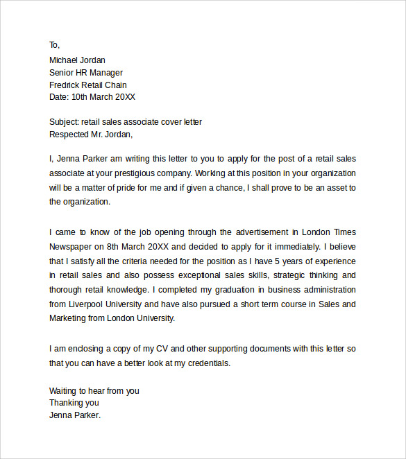 short sample retail cover letter