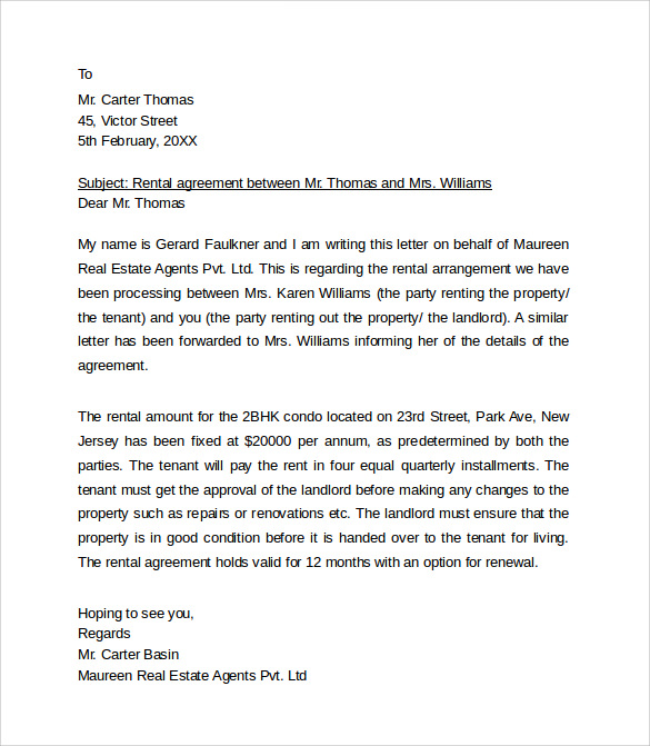 8+ Sample Rental Agreement Letter Templates  Sample Templates