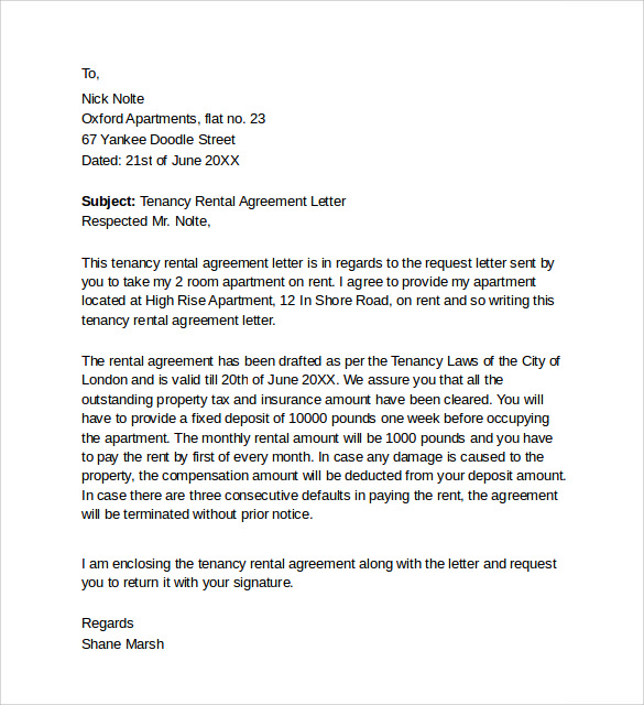 Sample Rental Agreement Letter Template 13 Free