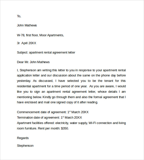 Rent Agreement Letter Basic Apartment Rental Agreement Letter