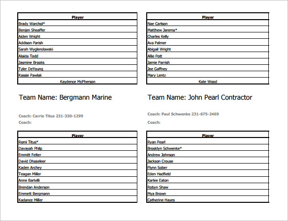 sample soccer team roster