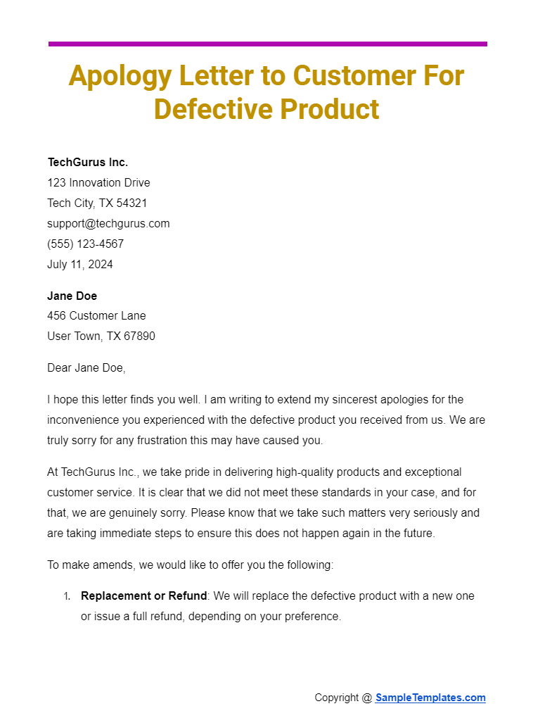 apology letter to customer for defective product