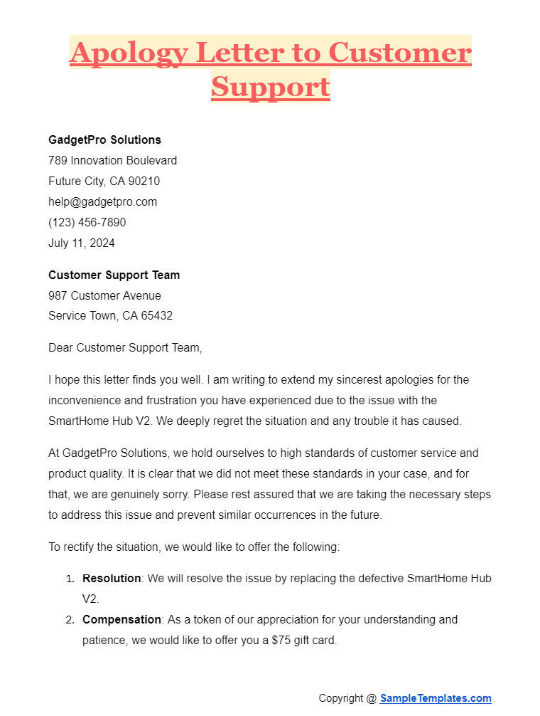 apology letter to customer support