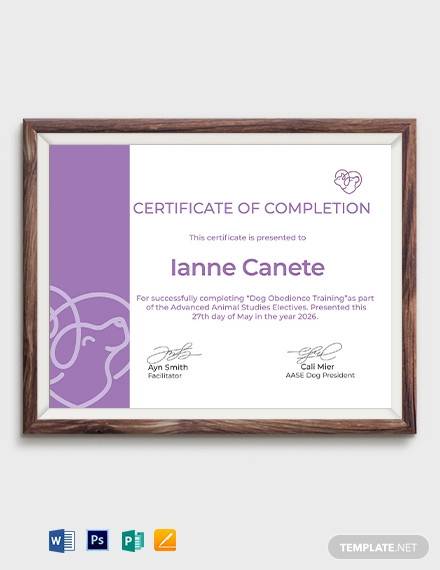 certificate of completion in dog obedience template