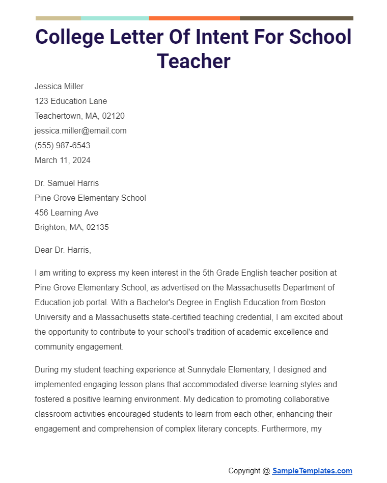 college letter of intent for school teacher