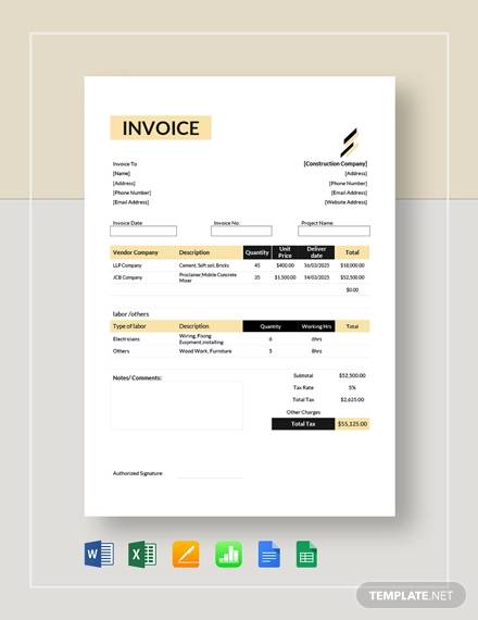 construction estimate invoice template