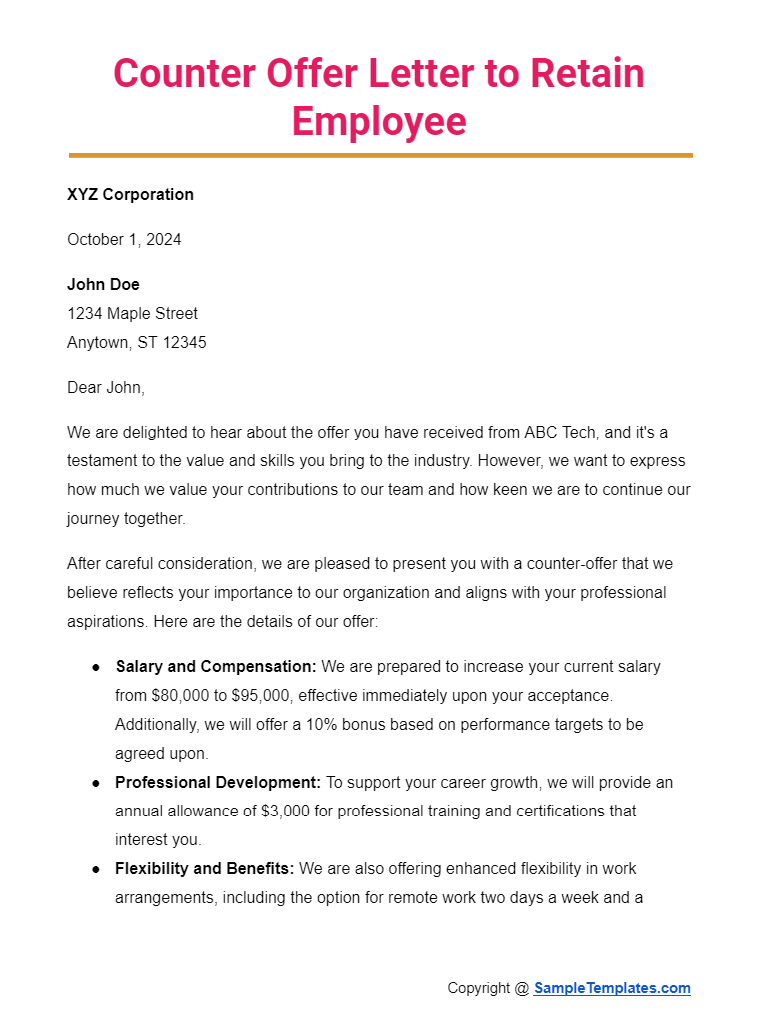 counter offer letter to retain employee