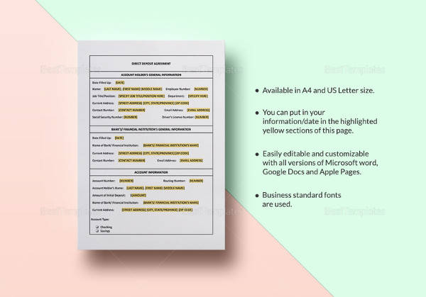 direct deposit agreement word template