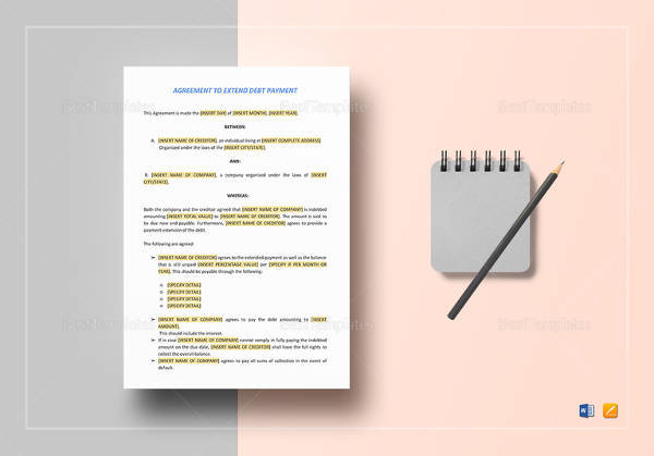 editable agreement to extend debt payment template