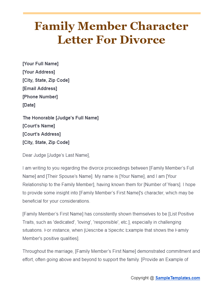 family member character letter for divorce