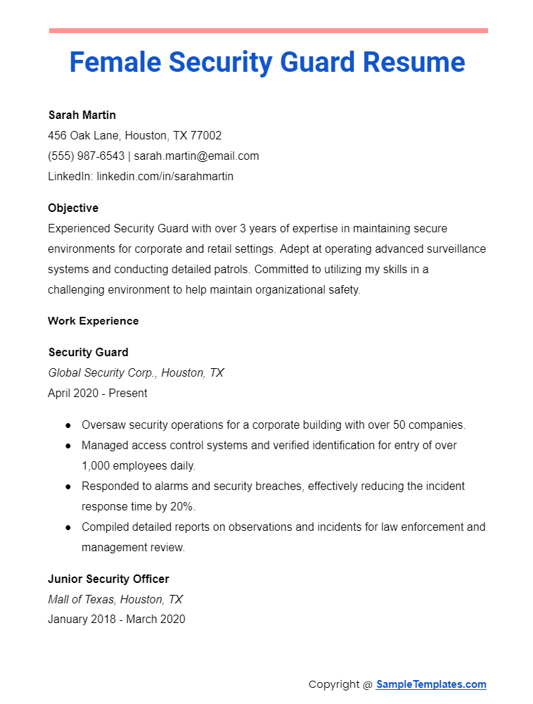 female security guard resume