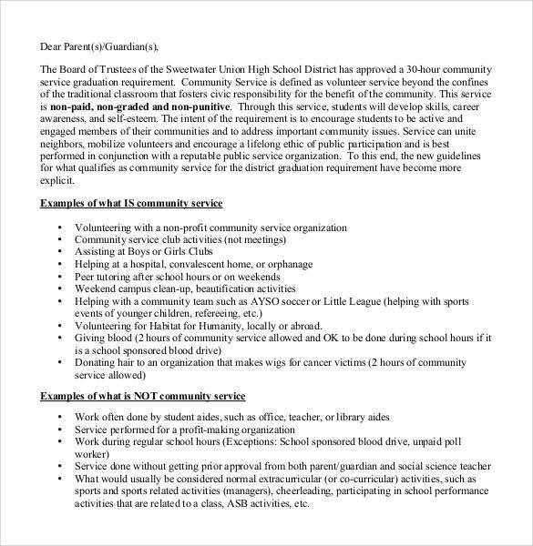 high school hour community service letter