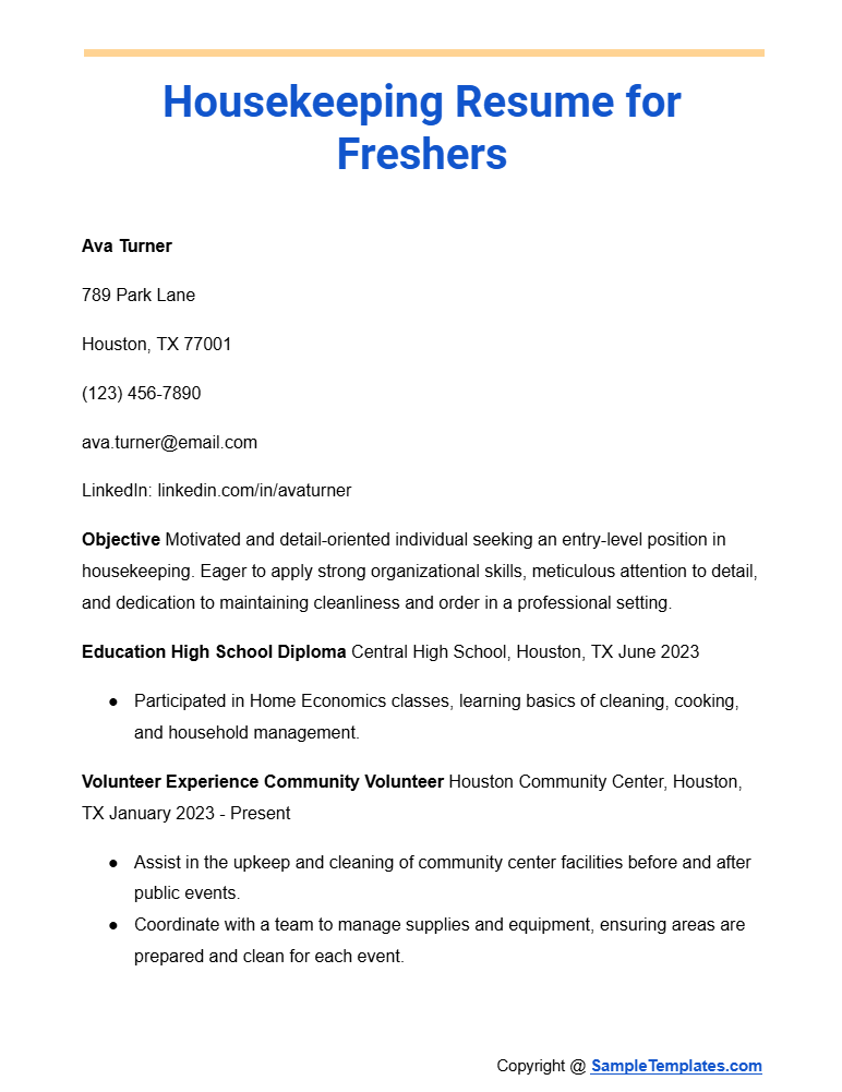 housekeeping resume for freshers