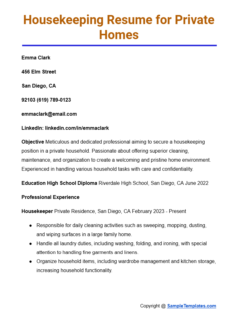 housekeeping resume for private homes