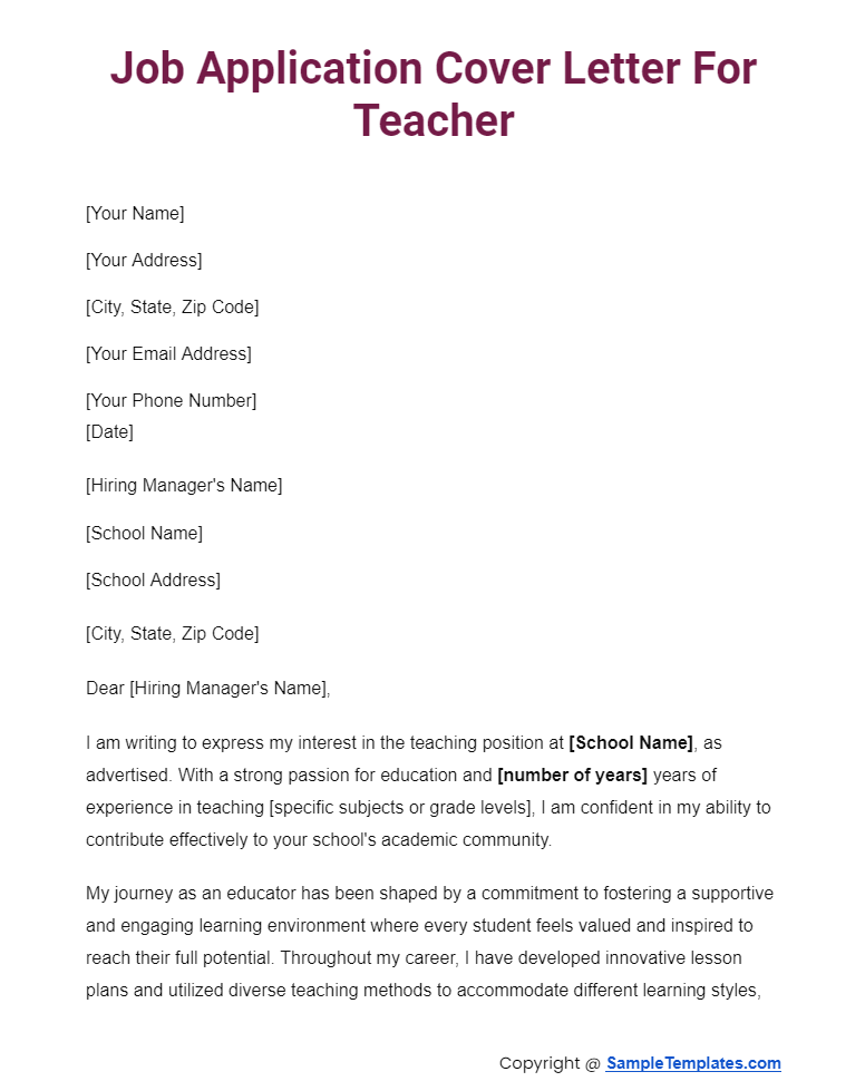 job application cover letter for teacher
