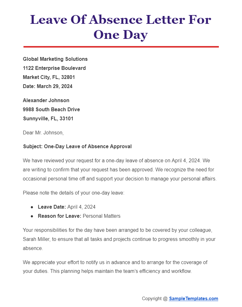 leave of absence letter for one day