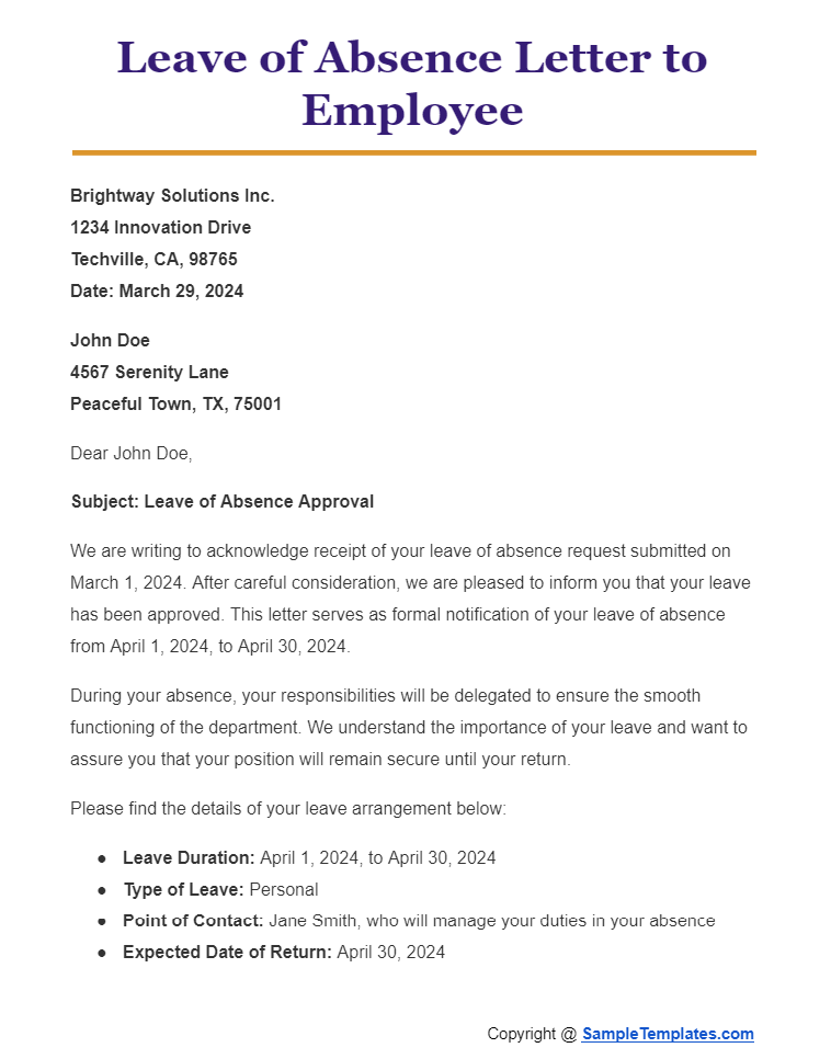 leave of absence letter to employee