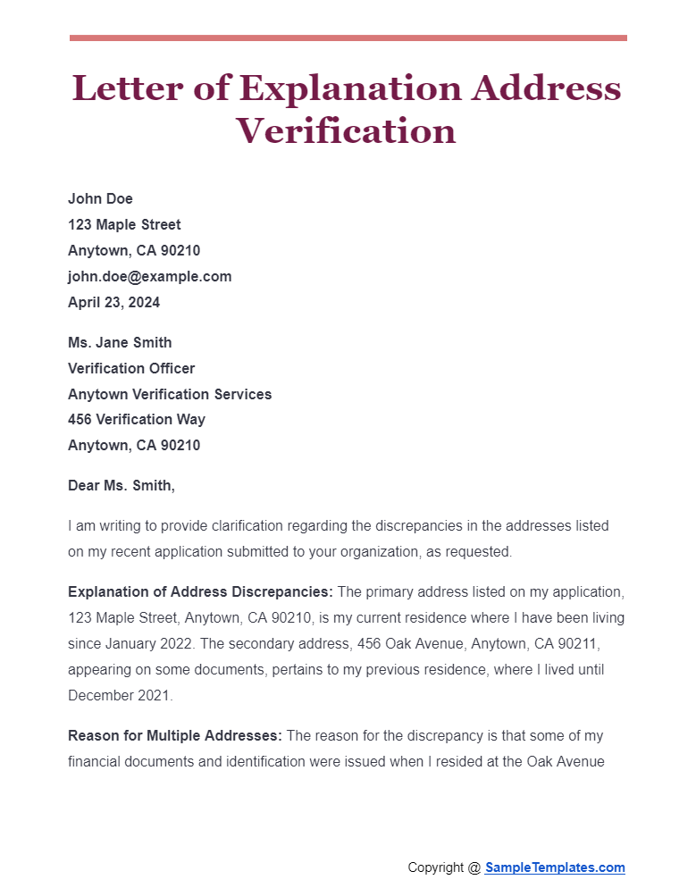 letter of explanation address verification