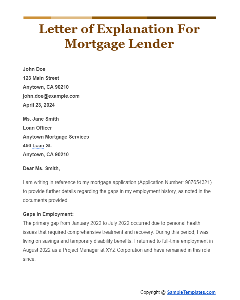 letter of explanation for mortgage lender