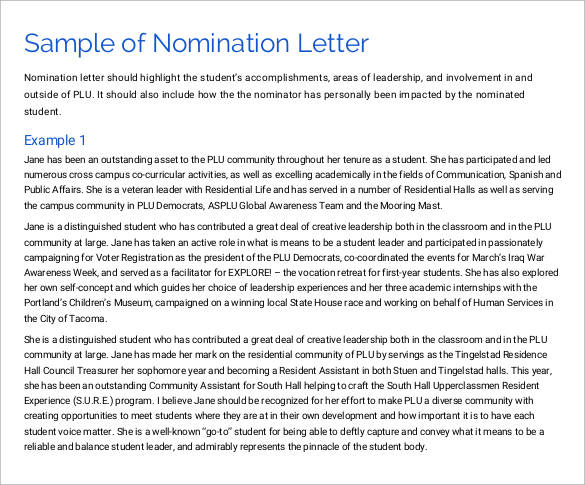 nomination community service letter