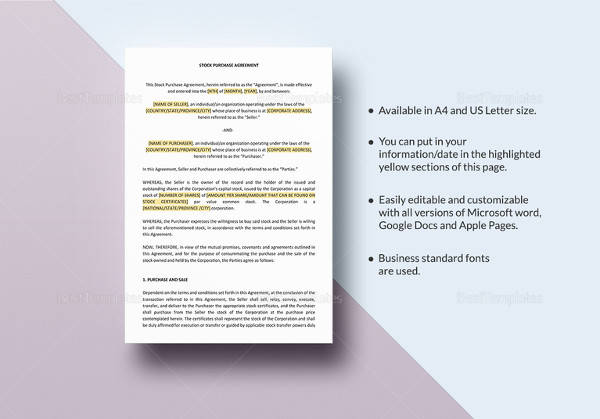 printable stock purchase agreement template