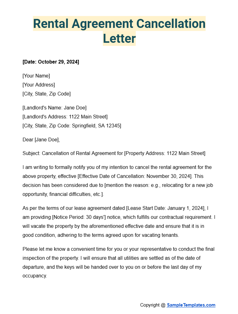 rental agreement cancellation letter