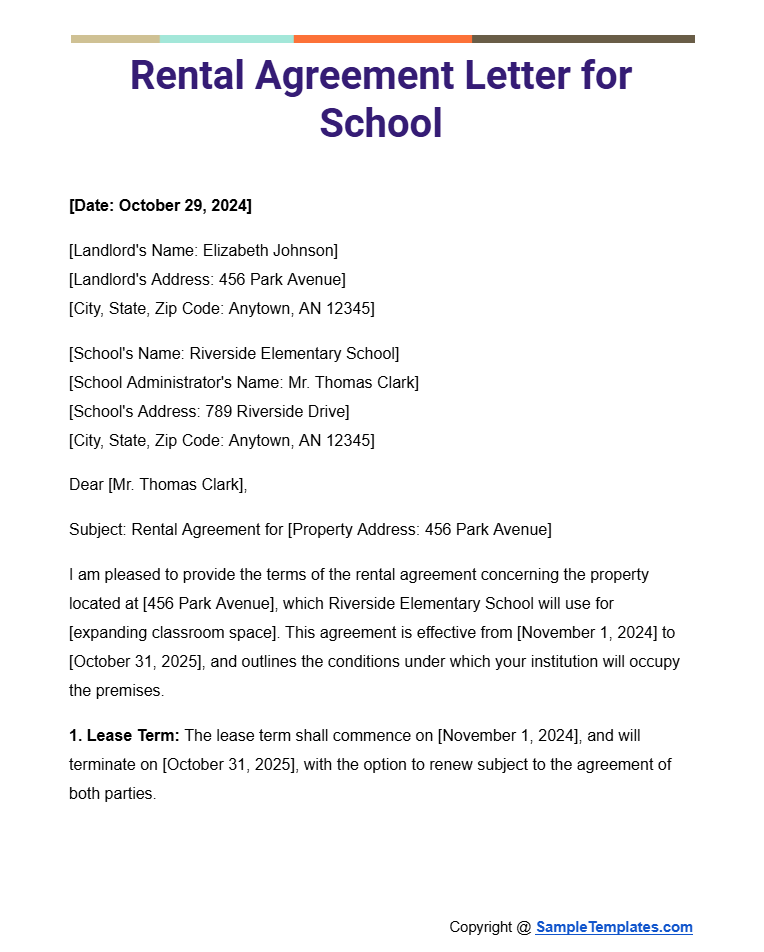 rental agreement letter for school