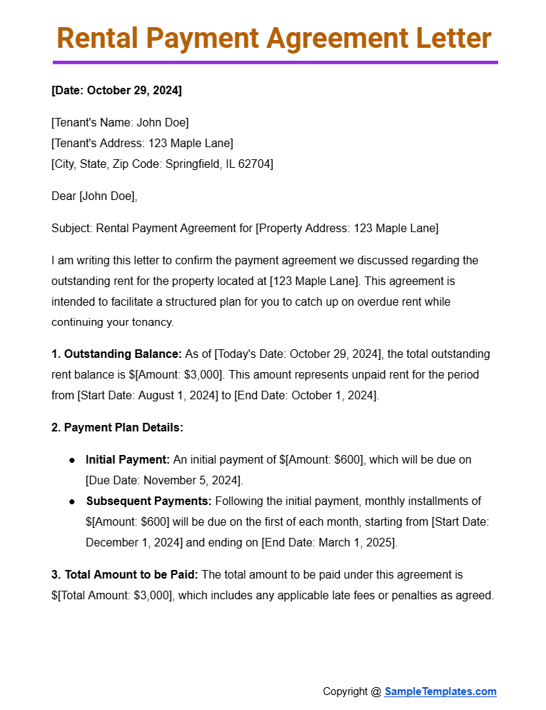 rental payment agreement letter