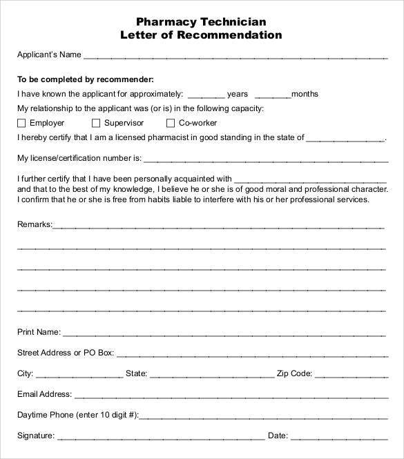 sample pharmacist recommendation letter