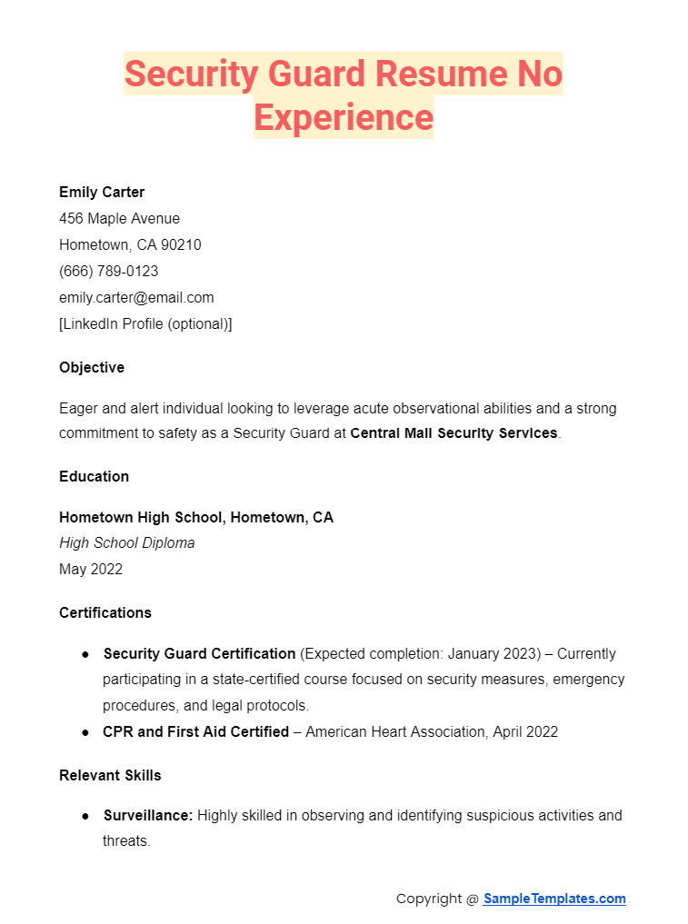 security guard resume no experience