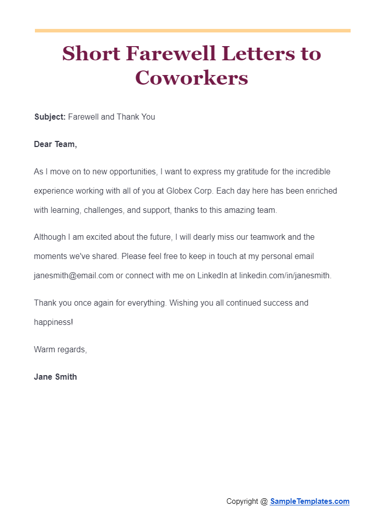 short farewell letters to co workers