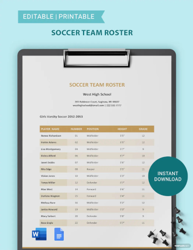 soccer team roster template