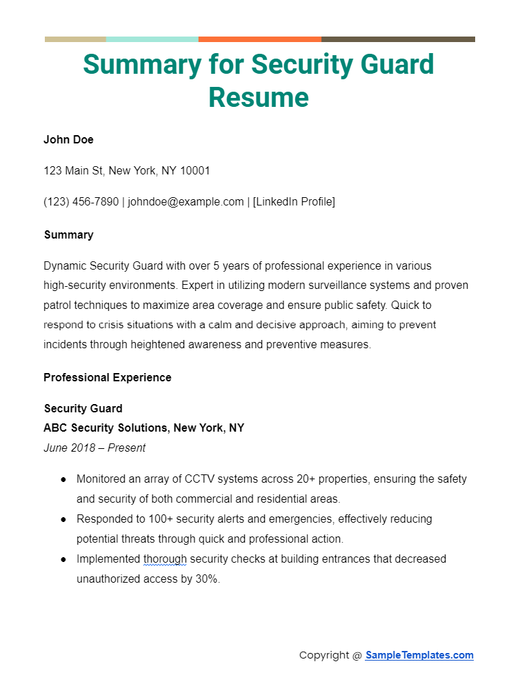 summary for security guard resume