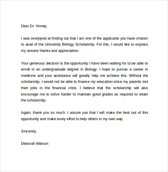 scholarship you thank letter nursing For Thank You Scholarship Sample to Letter  Download  9