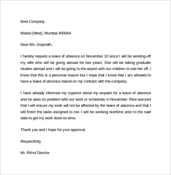 Letter For Leave Of Absence From Work from images.sampletemplates.com