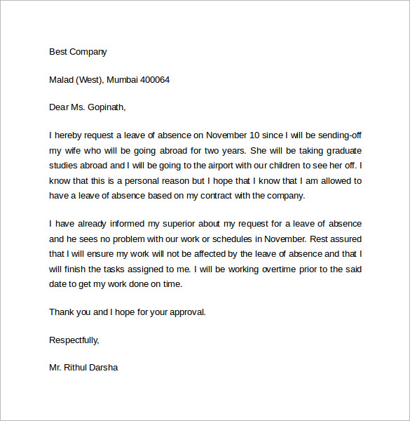 Employee Leave Of Absence Letter