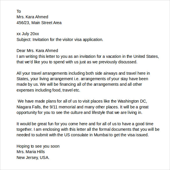 tourist visa sample invitation letter