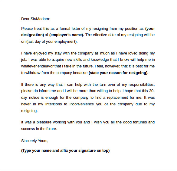 resigning letter template