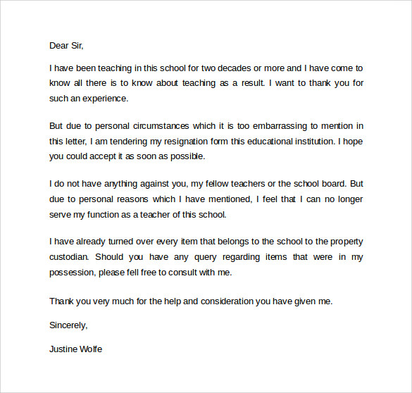 teacher resigning letter