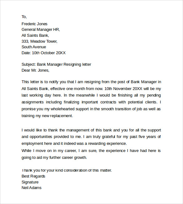 bank manager resigning letter