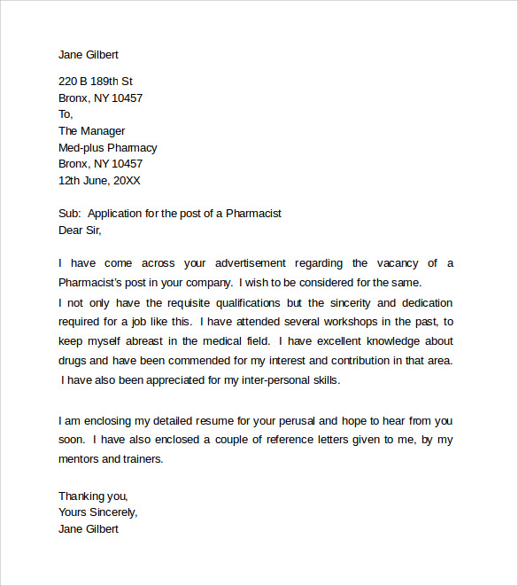 example cover letter for pharmacist