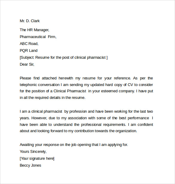 application letter for the position of pharmacist