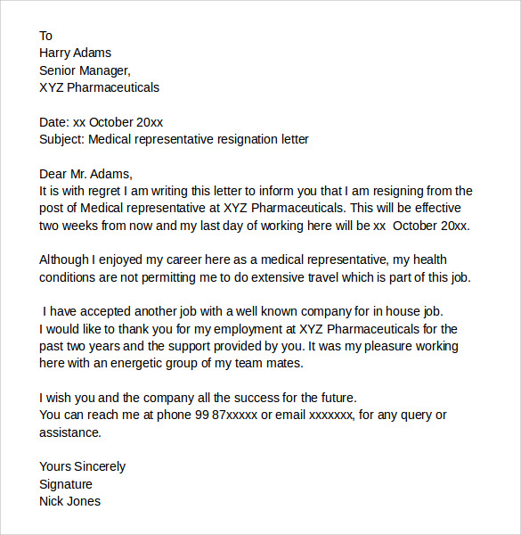 medical representative resignation letter