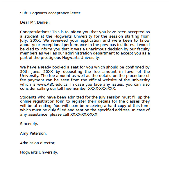 letter agreement word to Free 6 Letters Download Acceptance for Hogwarts