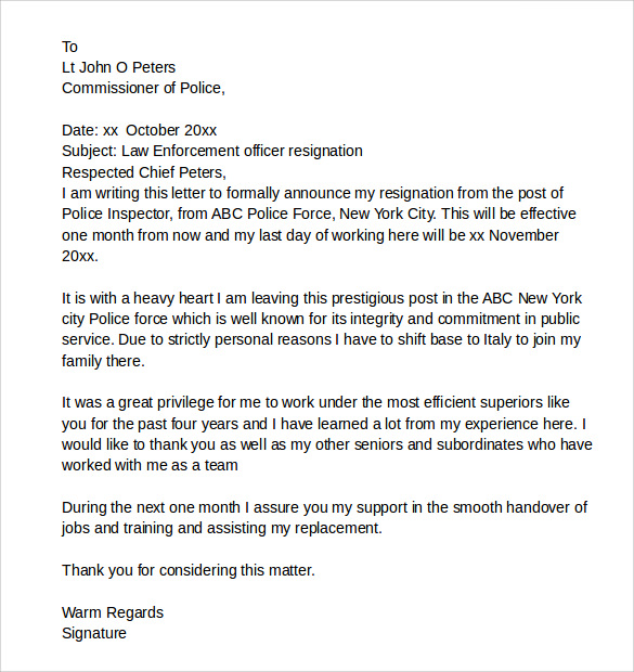 Police Retirement Letter Example - Sample Resignation Letter