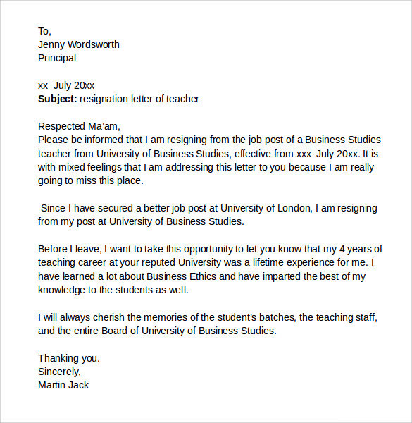 resignation letter of teacher