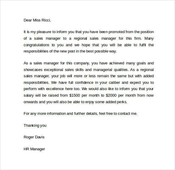 sales manager promotion letter