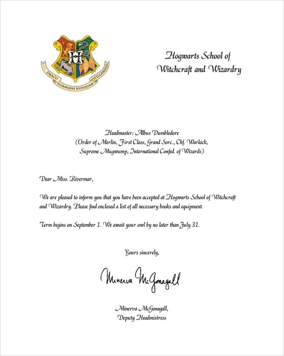 sample hogwarts acceptance letter